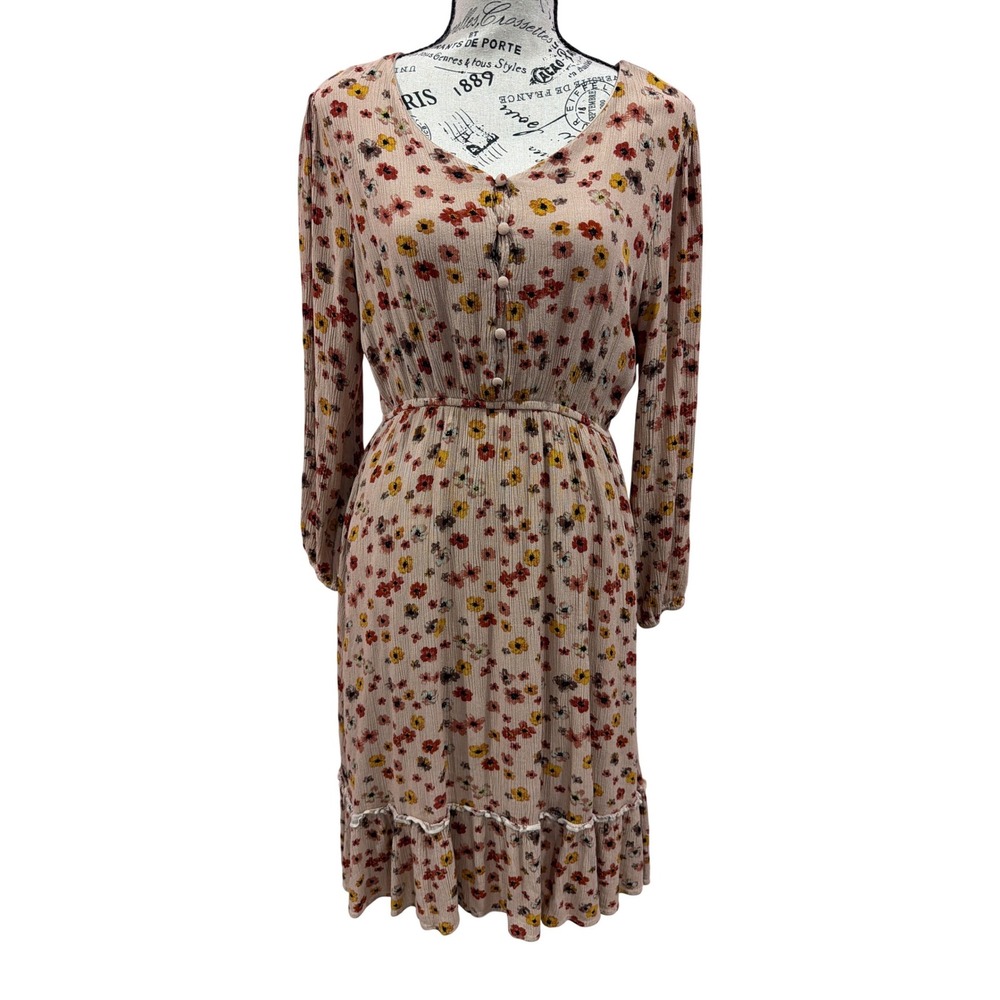 Downeast Womens Floral Gauze Midi Dress Beige Pink Orange V-Neckβ Long Sleeve M